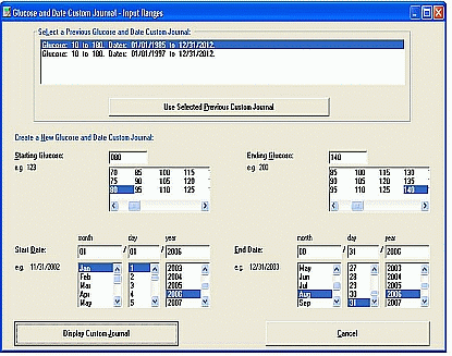 Glucose and Date Custom Journal Input Ranges Screen