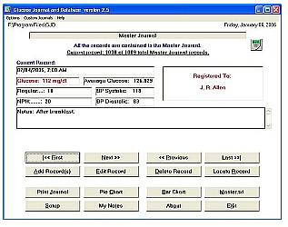 Glucose Journal and Database showing the Master Journal.