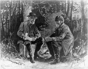 Robert E. Lee and Stonewall Jackson meet at Chancellorsville.