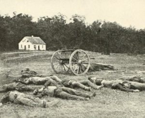 Antietam Dunker Church with Yankee and Rebel dead killed on the morning of September 17, 1862. Photograph by Alexander Gardner.