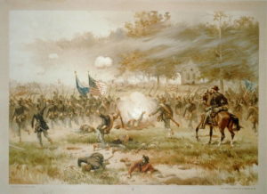 The Battle of Antietam with Dunker Church in background.