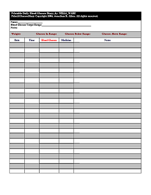 The daily blood glucose diary sheet.