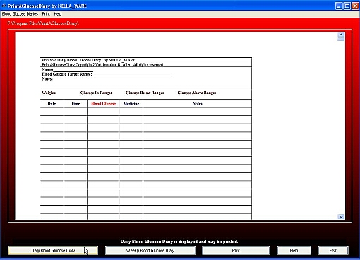 Printable blood sugar diary record pages.