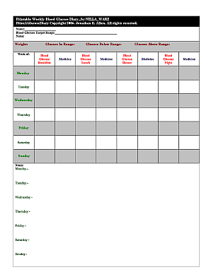 The weekly blood glucose diary sheet.